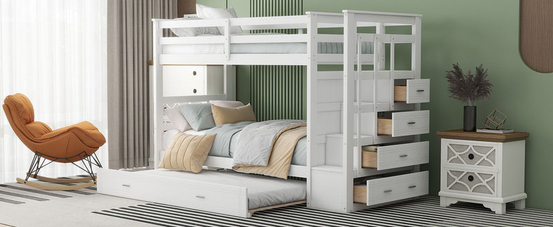 White Twin over Twin bunk bed with staircase and trundle, featuring a sturdy design and space-saving functionality by DreamHaus.