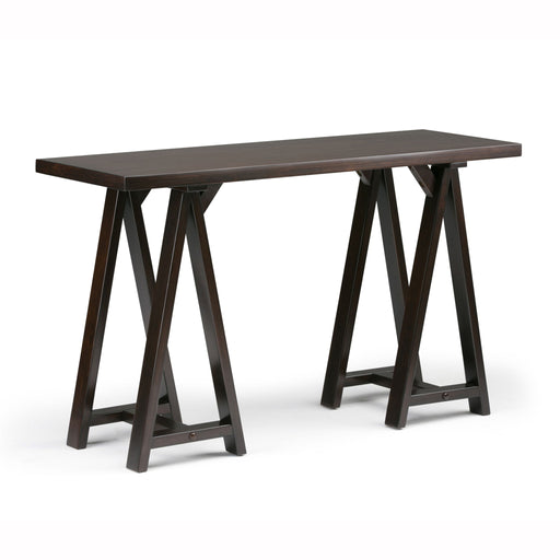 Handcrafted Simpli-Home console sofa table with a sawhorse-style design, featuring a sleek wooden surface and sturdy legs.