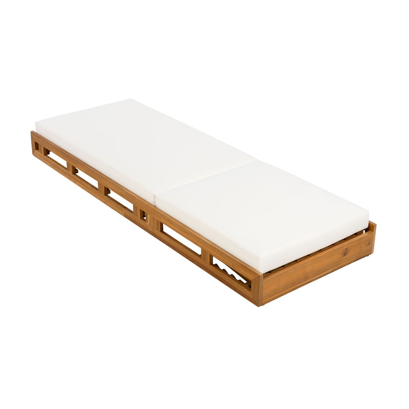 Premium Acacia Wood Lounge Chaise Set With Water Resistant Cushions, Adjustable Recline - Cream / Teak - R&R Furniture Gallery (Fountain Valley, CA)