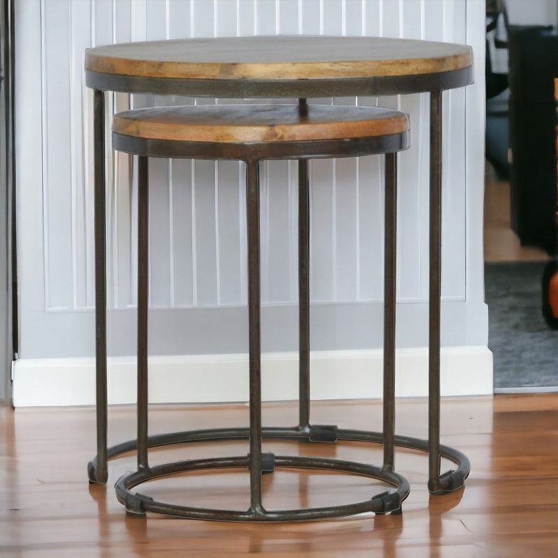 Round Stool Table With Iron Base (Set of 2) - Brown / Black - R&R Furniture Gallery (Fountain Valley, CA)