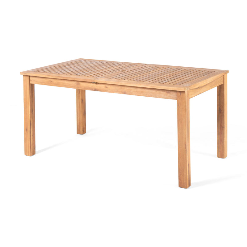 Outdoor expandable dining table with square legs by Noble House, shown with extended surface and modern design.