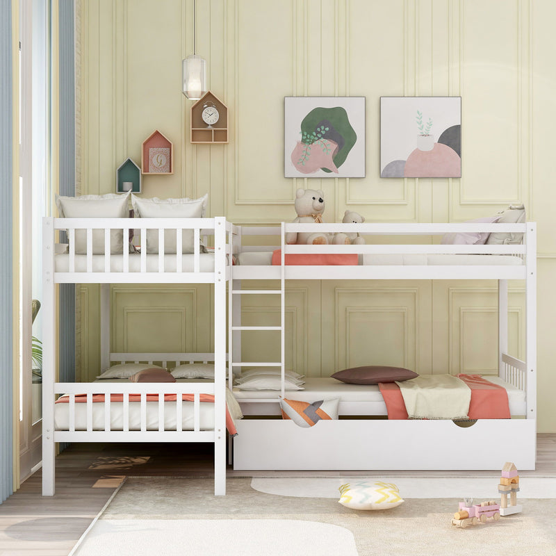 DreamHaus L-shaped bunk bed with built-in drawers, featuring a sturdy wooden frame and space-saving design for kids' bedrooms.