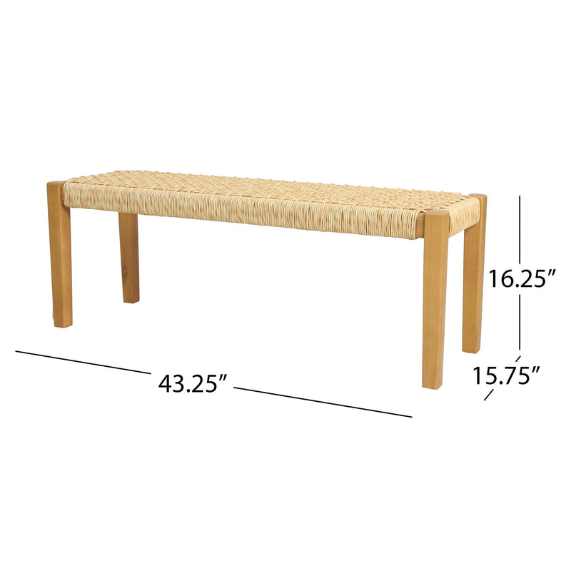 Noble House Angie outdoor bench with acacia wood and faux rattan, teak finish, featuring a sturdy design for garden or patio seating
