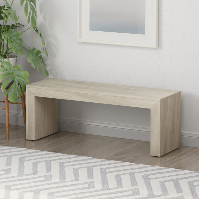 Noble House Acacia Wood Dining Bench in farmhouse style with natural wood finish, ideal for rustic dining room setups.