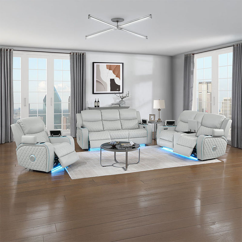 Elonzo - Power Motion Loveseat With Console, LED, Power Headrest & Speaker - Light Gray - R&R Furniture Gallery (Fountain Valley, CA)