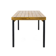 Rectangular acacia wood patio dining table by Noble House, 69 inches long, with black legs and teak finish for outdoor dining.
