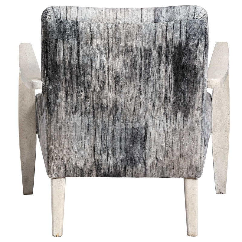 Gray watercolor-style chenille accent chair by Uttermost, featuring plush fabric and a modern design ideal for living rooms or bedrooms.
