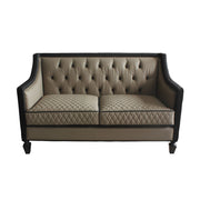 House Beatrice - Loveseat With 3 Pillows - Tan Synthetic Leather , Black Synthetic Leather & Charcoal - R&R Furniture Gallery (Fountain Valley, CA)
