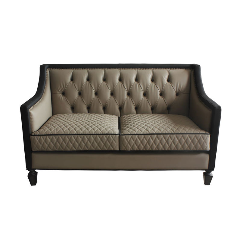 House Beatrice - Loveseat With 3 Pillows - Tan Synthetic Leather , Black Synthetic Leather & Charcoal - R&R Furniture Gallery (Fountain Valley, CA)