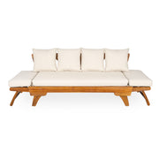 Noble House outdoor patio daybed sofa with three seats, foldable armrests, and four back pillows on a patio setting.