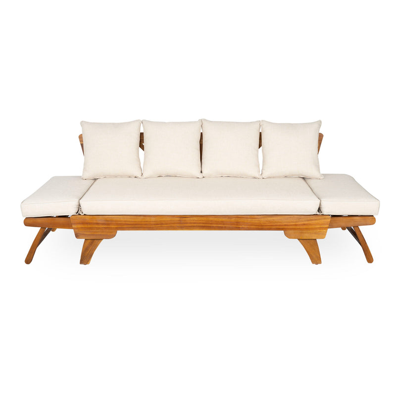 Noble House outdoor patio daybed sofa with three seats, foldable armrests, and four back pillows on a patio setting.