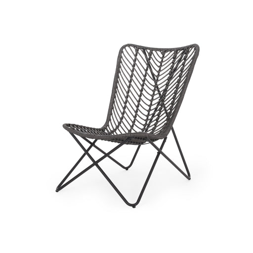 Gray outdoor wicker chair with geometric cross base, set of 2, by Noble House, ideal for patio or garden seating.