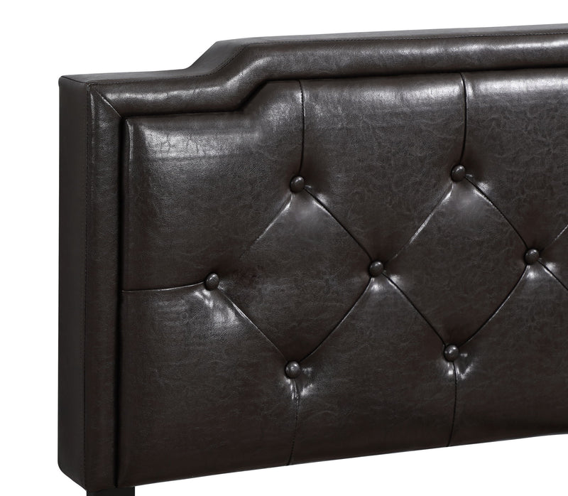 Button tufted upholstered bed by Glory Furniture with cozy, plush fabric and elegant tufted headboard for charming bedroom decor