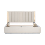 Michael Amini Pavira upholstered bed with integrated LED lights, showcasing a modern design and plush fabric upholstery.