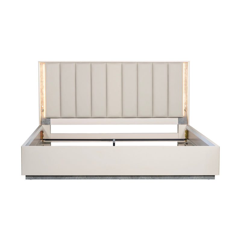 Michael Amini Pavira upholstered bed with integrated LED lights, showcasing a modern design and plush fabric upholstery.