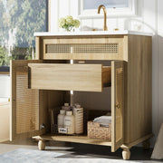 Bathroom Vanity With Handwoven Rattan Doors, Resin Basin - Natural Wood - R&R Furniture Gallery (Fountain Valley, CA)