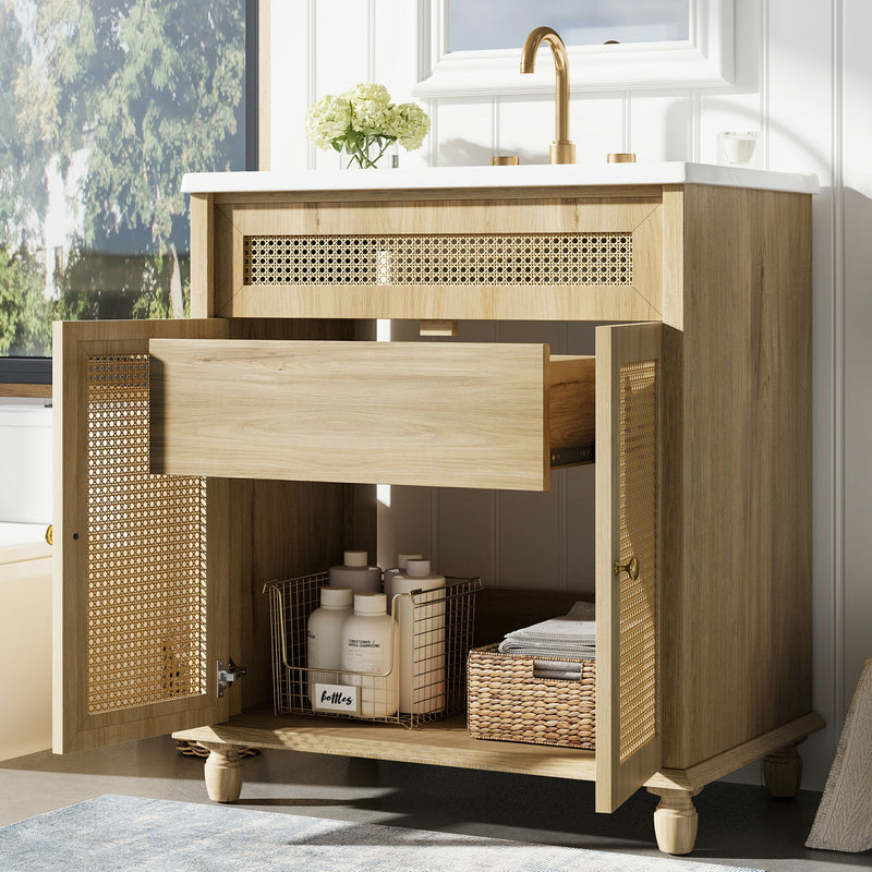 Bathroom Vanity With Handwoven Rattan Doors, Resin Basin - Natural Wood - R&R Furniture Gallery (Fountain Valley, CA)