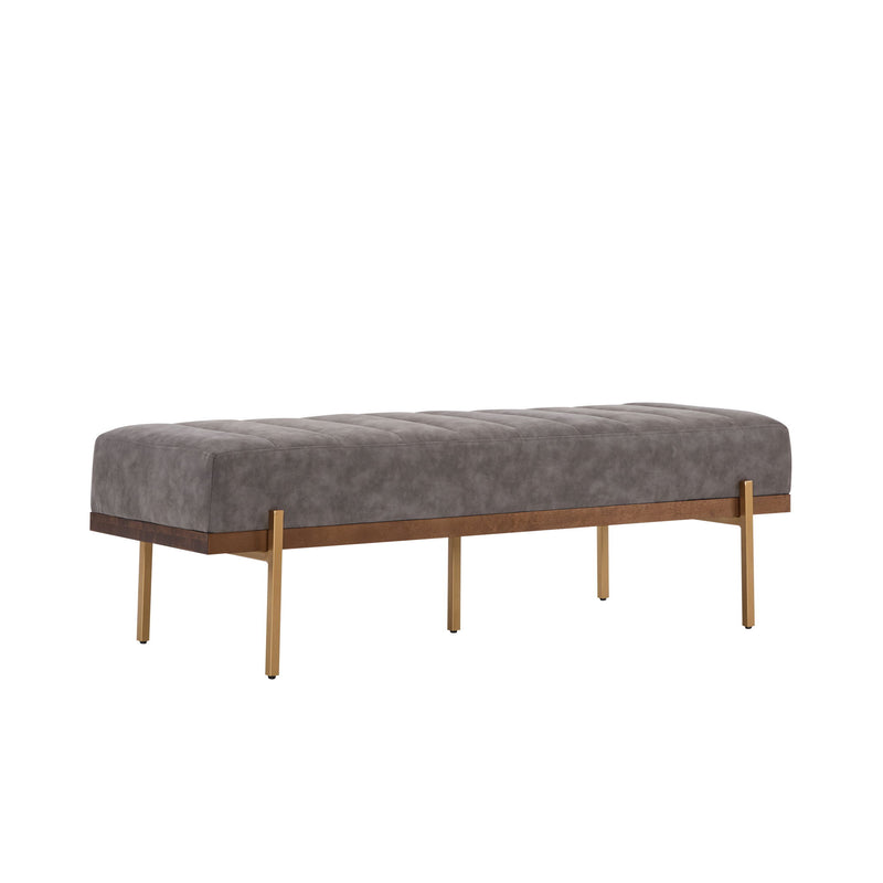 Noble House Thorian luxury upholstered ottoman bench with gold metal base, gray fabric, channel tufting, and plush cushioning.
