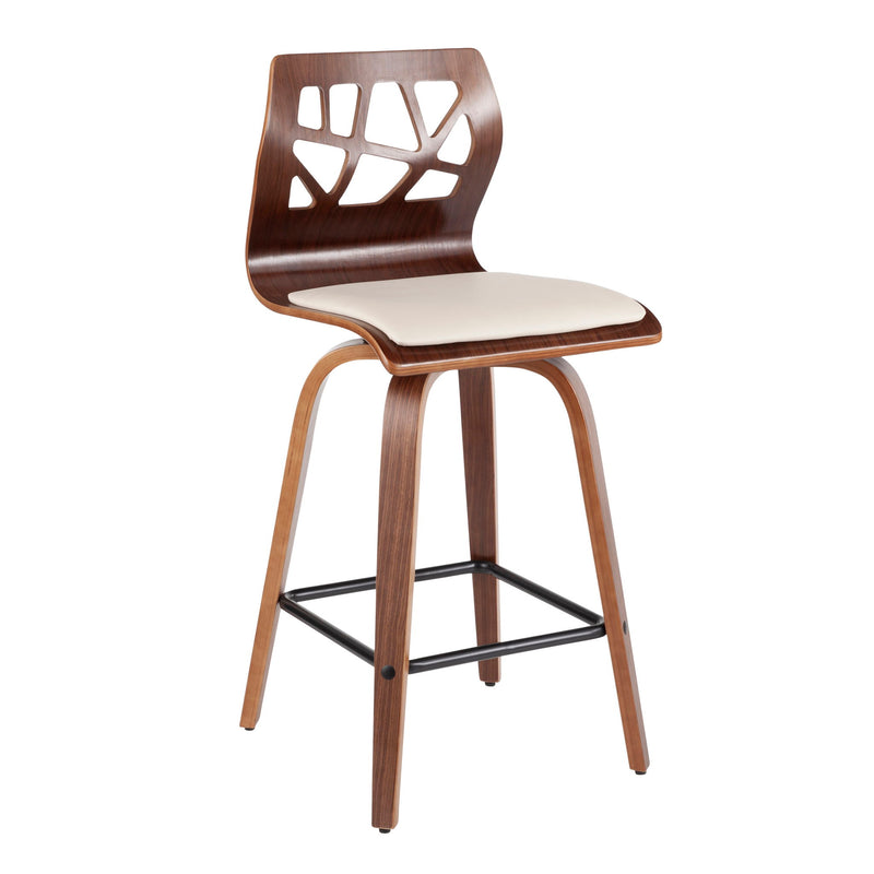 Pair of Lumi Source Folia Mid Century Modern Counter Stools with wooden seats and sleek metal legs, set of two.