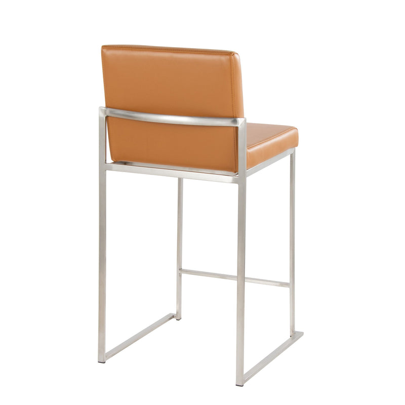 Pair of Lumi Source Fuji contemporary high back barstools with sleek design and wooden legs, set of two for modern bar or kitchen.