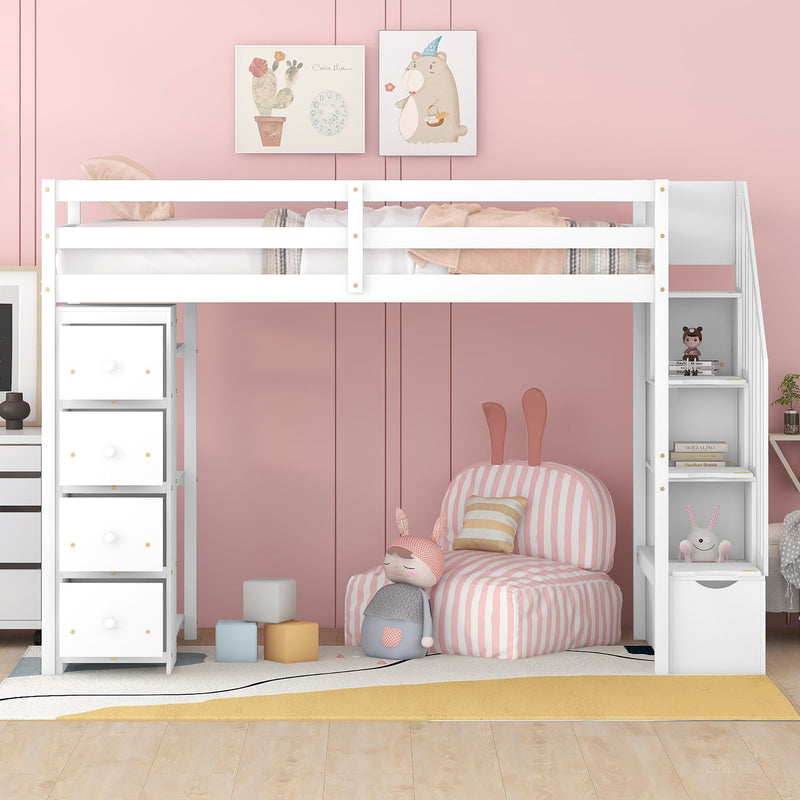 DreamHaus loft bed with integrated storage drawers, stairs with shelves, and a sturdy wooden frame for space-saving bedroom decor.