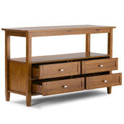 Handcrafted Warm Shaker coffee table by Simpli-Home featuring a rustic wooden tabletop and sturdy legs.
