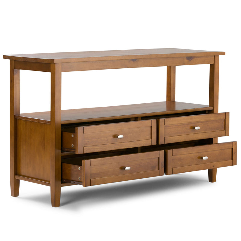 Handcrafted Warm Shaker coffee table by Simpli-Home featuring a rustic wooden tabletop and sturdy legs.