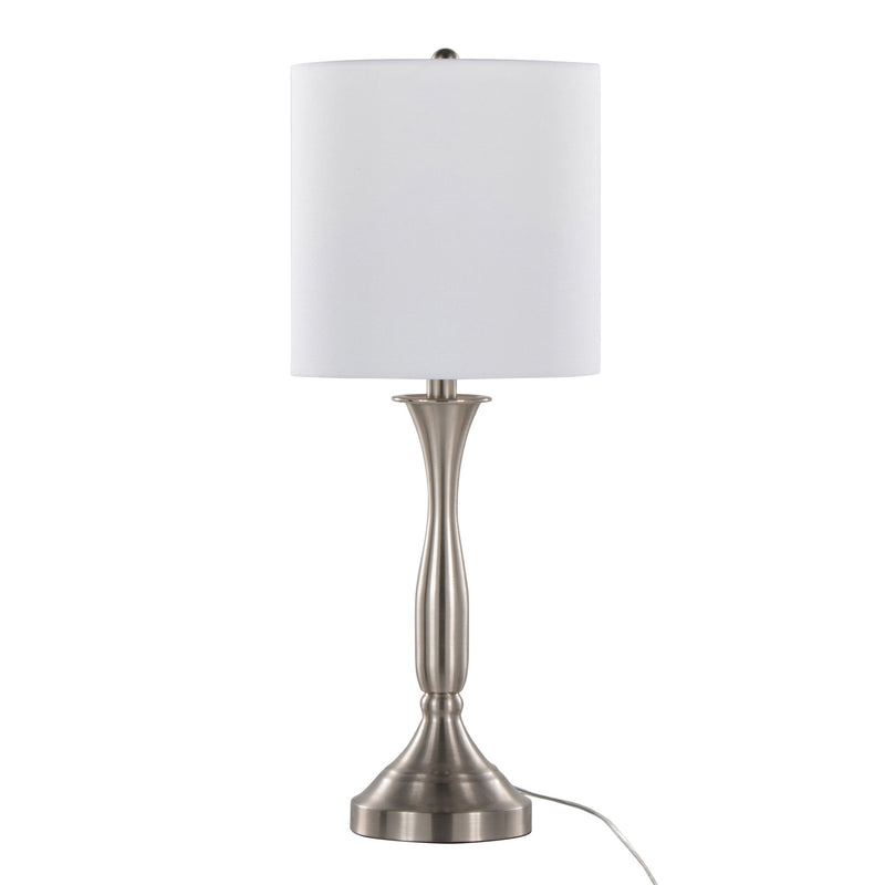 Lumi Source Sawyer contemporary table lamp set with nickel and white finish, built-in USB ports, ideal for modern home decor.