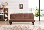 Glory Furniture Alan sofa bed futon sofa with beige fabric upholstery and wooden legs, shown in a folded and unfolded position.