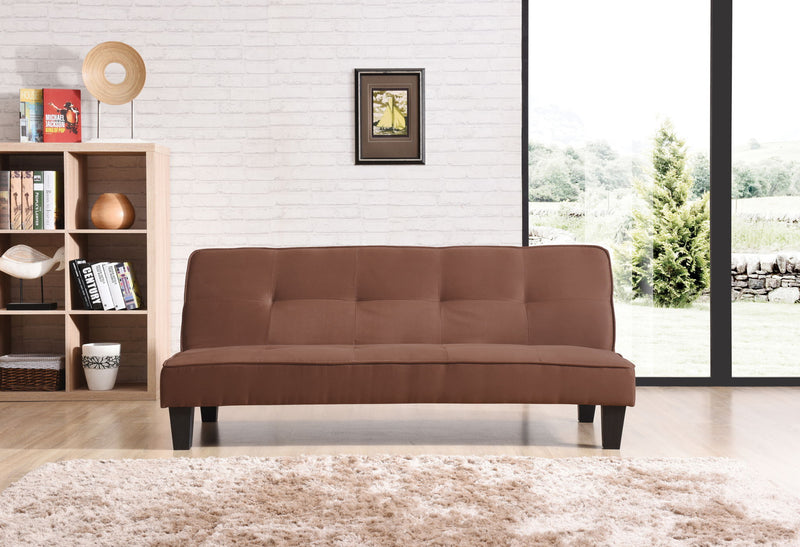 Glory Furniture Alan sofa bed futon sofa with beige fabric upholstery and wooden legs, shown in a folded and unfolded position.