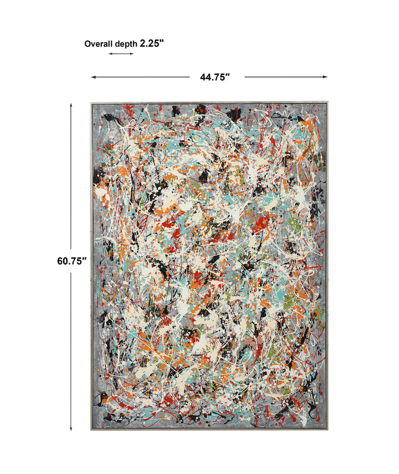 Hand painted canvas art by Uttermost featuring a pearl silver abstract design, titled Organized Chaos, suitable for modern decor.