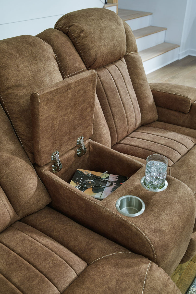 Wolfridge - Power Reclining Loveseat With Console /Adj Hdrst - Brindle - R&R Furniture Gallery (Fountain Valley, CA)