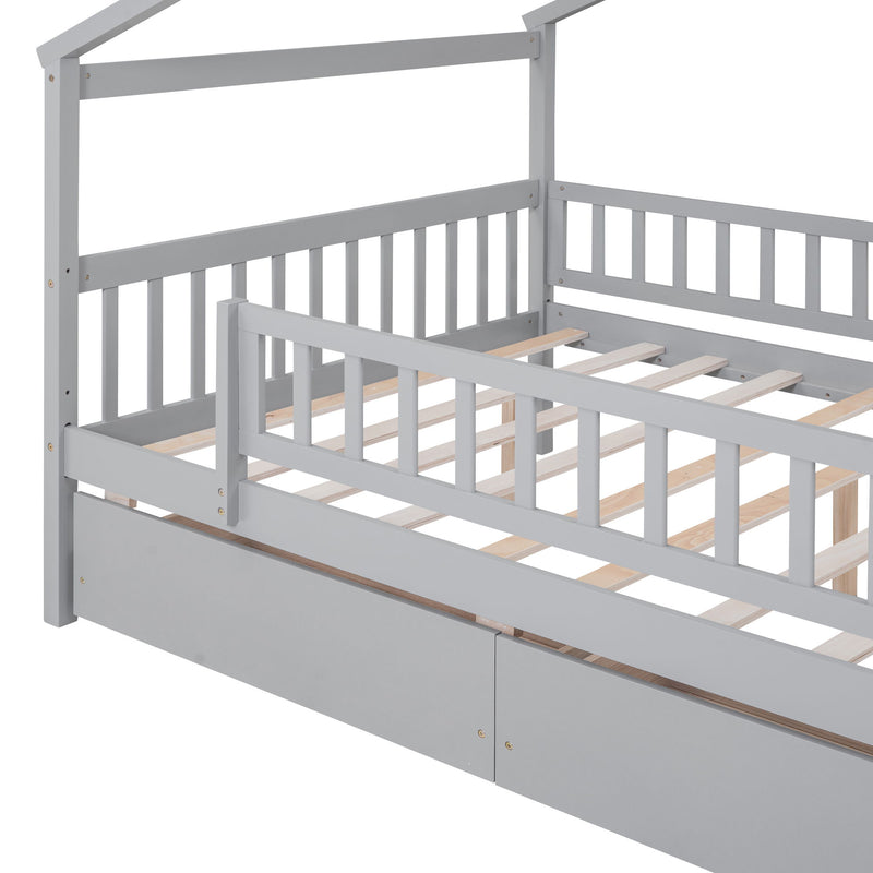 DreamHaus house bed with two integrated storage drawers, featuring a cozy house-shaped design and sturdy build for kids' bedroom.