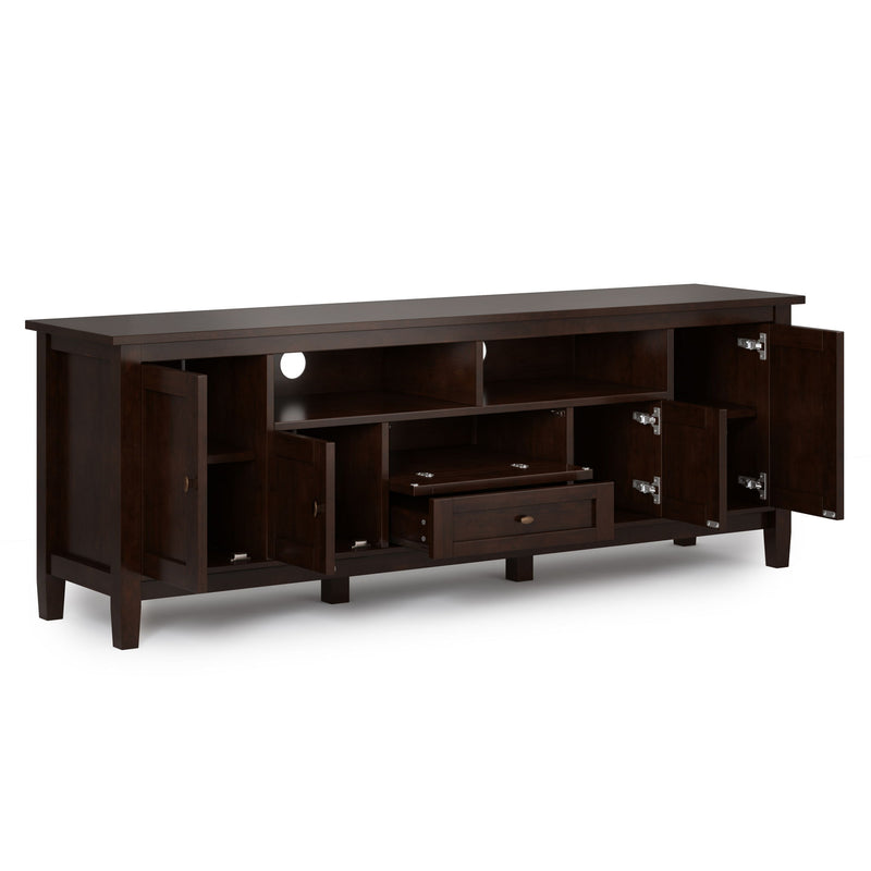Handcrafted Warm Shaker TV media stand by Simpli-Home featuring a natural wood finish and open shelving for media devices.