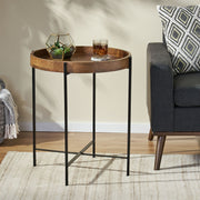 Modern industrial round end table with tray top and foldable iron legs, in natural finish by Noble House.