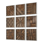 Set of nine dark brown rustic wooden square wall decor pieces by Uttermost, arranged in a decorative pattern.