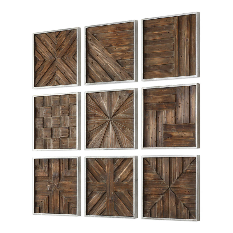 Set of nine dark brown rustic wooden square wall decor pieces by Uttermost, arranged in a decorative pattern.