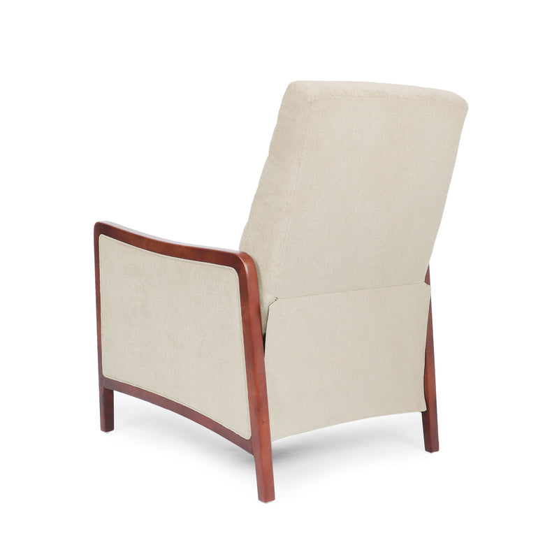 Noble House mid-century modern fabric channel stitch wood pushback recliner with sleek design and comfortable reclining feature.