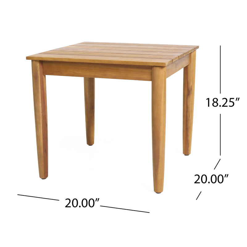 Outdoor square side table with slatted top and wooden frame, teak finish, by Noble House.
