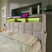 Artistry At Home upholstered platform storage bed with hydraulic lift, LED lights, and USB charging ports, without mattress.