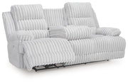Rhines Falls - Reclining Power Sofa With Drop Down Table - Alloy - R&R Furniture Gallery (Fountain Valley, CA)