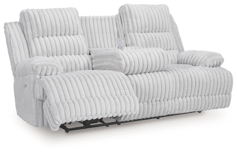 Rhines Falls - Reclining Power Sofa With Drop Down Table - Alloy - R&R Furniture Gallery (Fountain Valley, CA)