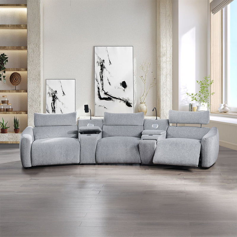 Fullar - Modular Console With Wireless Charger - Light Gary Chenille - R&R Furniture Gallery (Fountain Valley, CA)