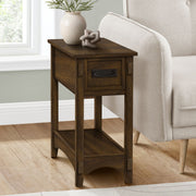 Walnut 8th Street Accent End Table with two tiers, storage drawer, narrow design, transitional style, perfect for small spaces.