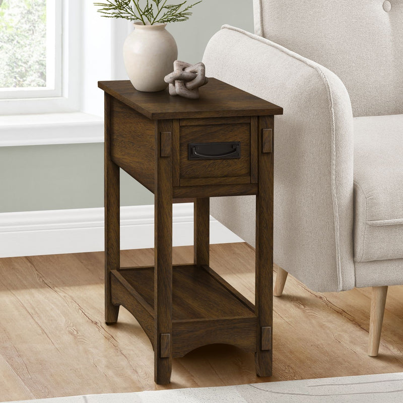 Walnut 8th Street Accent End Table with two tiers, storage drawer, narrow design, transitional style, perfect for small spaces.