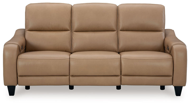 Ashley Mosswell power reclining sofa with adjustable headrests in toffee fabric, showcasing comfortable seating and modern design.