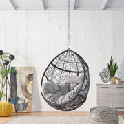 Noble House teardrop hanging chair with 8ft chain, suspended for outdoor relaxation, featuring a cozy, rounded design.