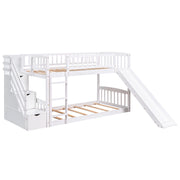 DreamHaus twin over twin stairway bunk bed with two drawers and slide, featuring sturdy wood construction and built-in storage.