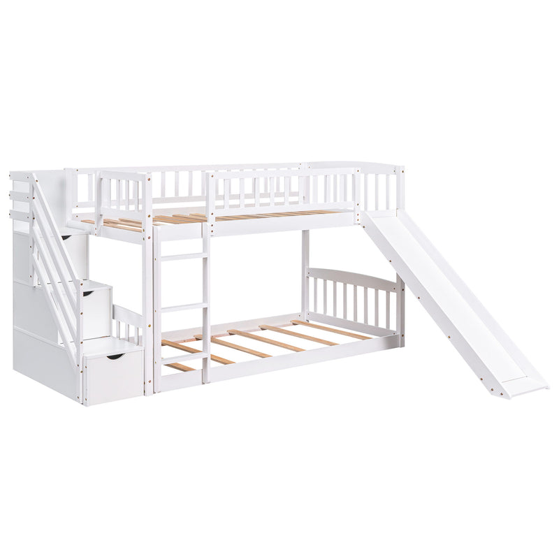 DreamHaus twin over twin stairway bunk bed with two drawers and slide, featuring sturdy wood construction and built-in storage.