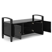 Handcrafted Warm Shaker entryway storage bench by Simpli-Home with a wooden finish and cushioned seat for seating and organization.